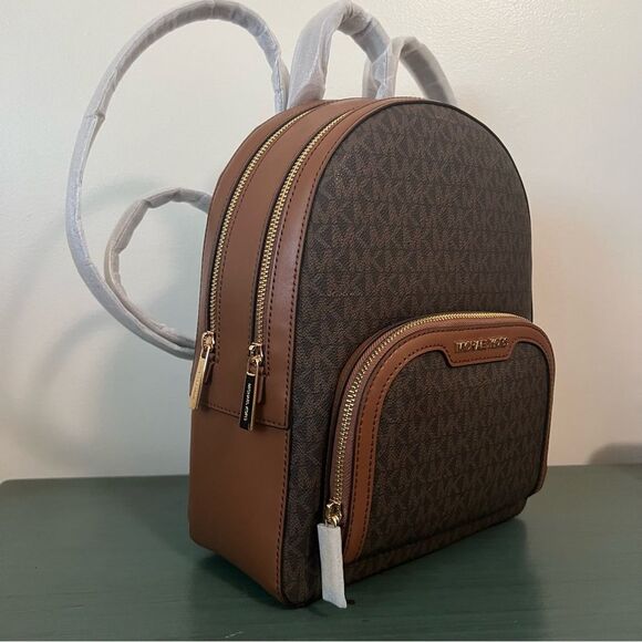 Michael Kors Jaycee Medium Backpack Brown‎ Signature MK Logo Leather Trim - Picture 2 of 9